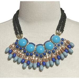 Banana Republic Moroccan Blue Beaded Silk Cord Bib Collar Statement Necklace